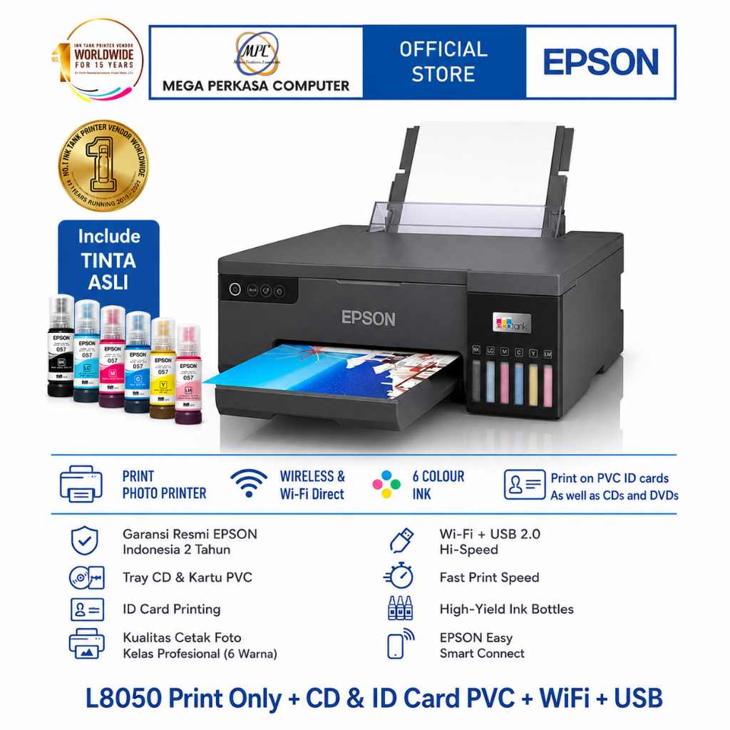 Printer Epson L8050 WI-FI PHOTO INK TANK A4 photo printing, PVC ID card, CD/DVD Wireless pengganti t