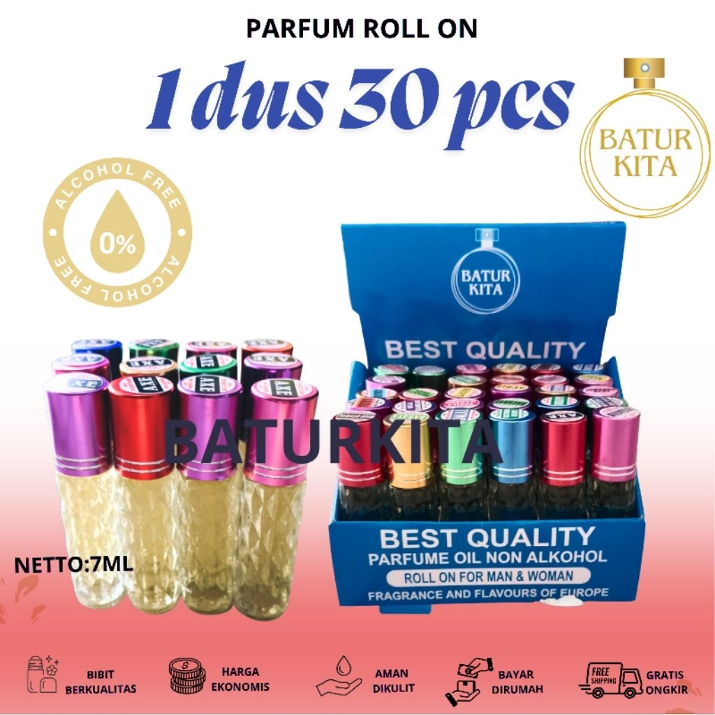 parfum refil roll on non alkohol 7ml 1 box 30 aroma bonus tempat parfum