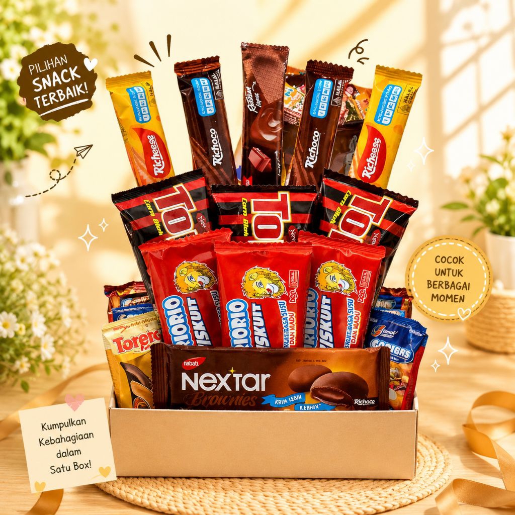 Hampers Cemilan Lengkap Isi Richeese, Gorio, Nextar Kado Enak & Berkelas Hampers Snack Mix Coklat & 