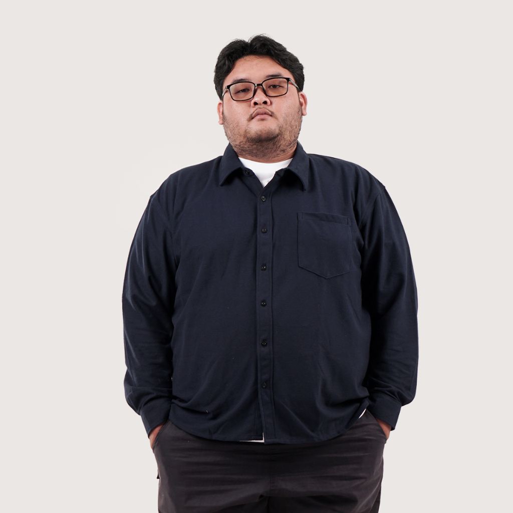 Kemeja Jumbo Pria Big Size Pique Polos Navy Lembut