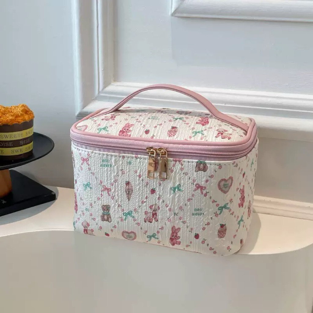 Tas Makeup Teddy Korean Style | Pouch Kosmetik Wanita Lucu | Tas Skincare Travel Portable Multifungs