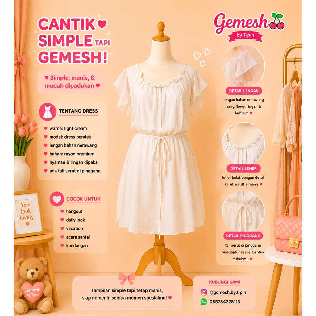 dress pantai murah gemes lucu murce krem broken white putih tulang preloved
