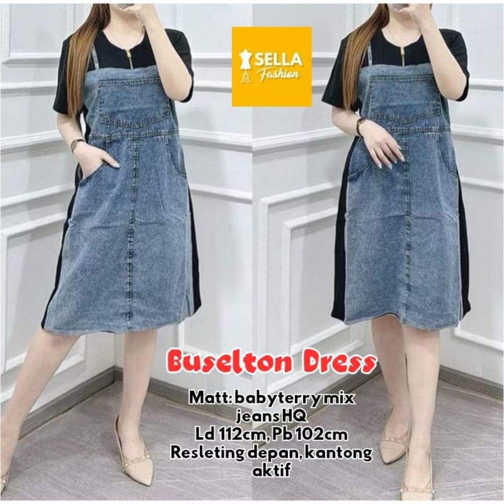Buselton Tiamo Classy Swing Dress Jeans Wanita Jumbo Big Size | Dress Overall Denim Kombinasi Kaos |