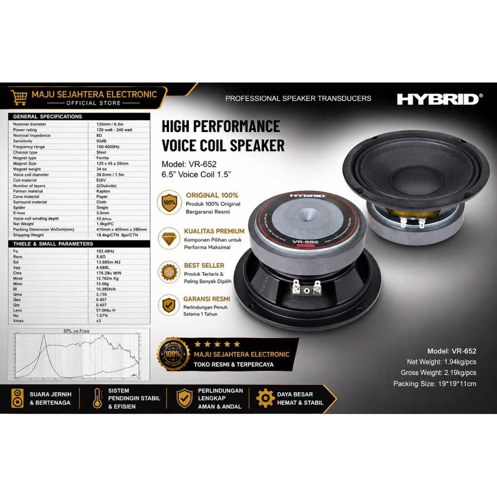 SPEAKER KOMPONEN 6,5 INCH ORIGINAL HYBRID VR-652 VR652 VR 652 GARANSI RESMI 1 TAHUN