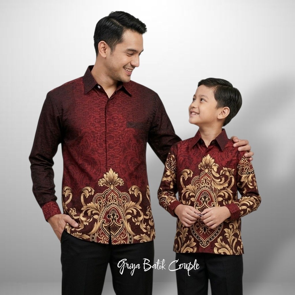 Kemeja Batik Dobby Merah Maroon Couple Ayah Dan Anak Laki Laki Lapis Furing Arrow Motif Elegant