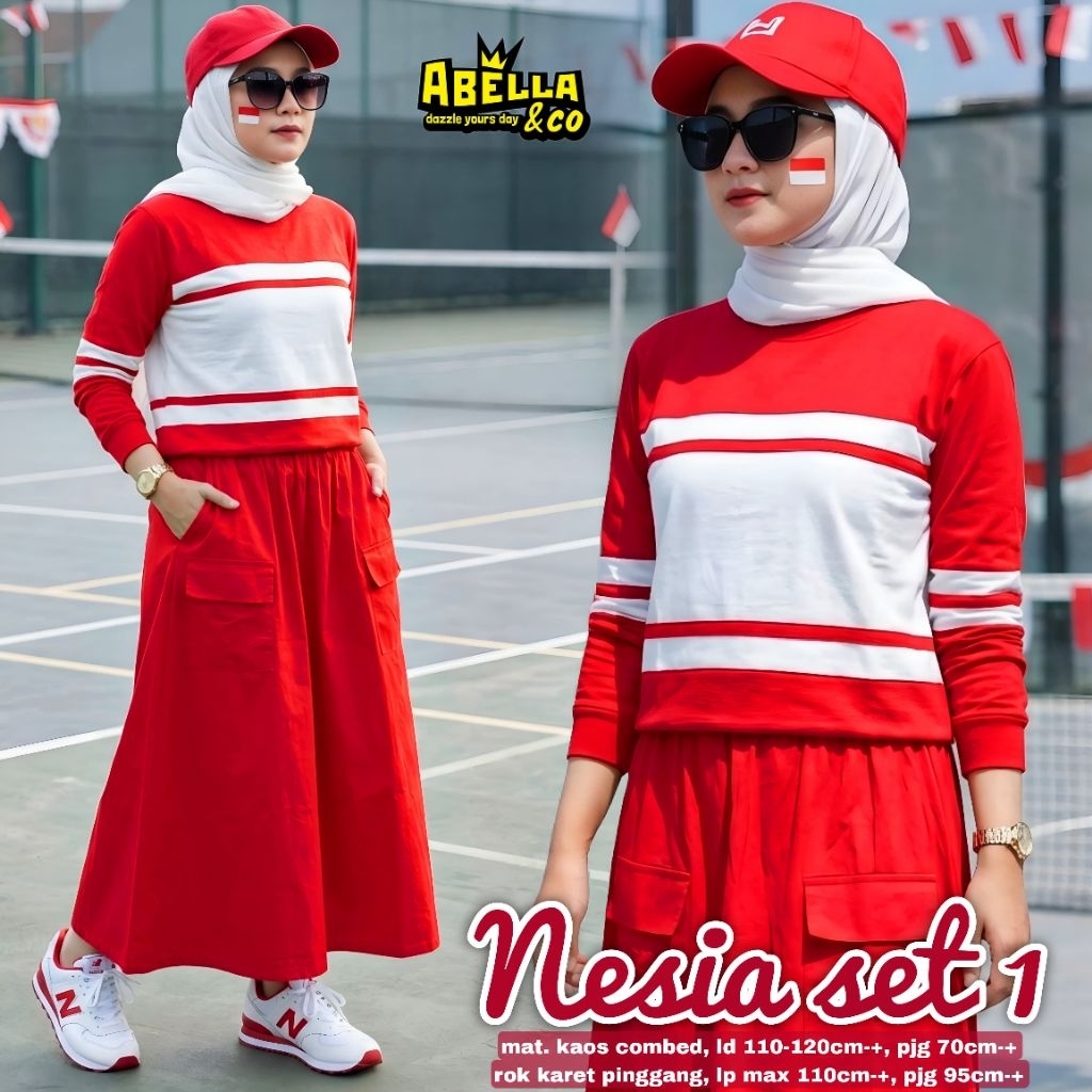 Baju Setelan Merah Putih Wanita Premium Nesia Set By Abella & CO