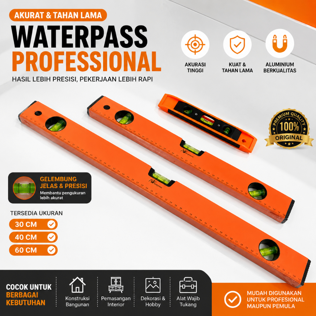 Waterpass Aluminium Magnet / Penggaris / Spirit Level Waterpass Kodai 30 cm / 60 cm / 80 cm