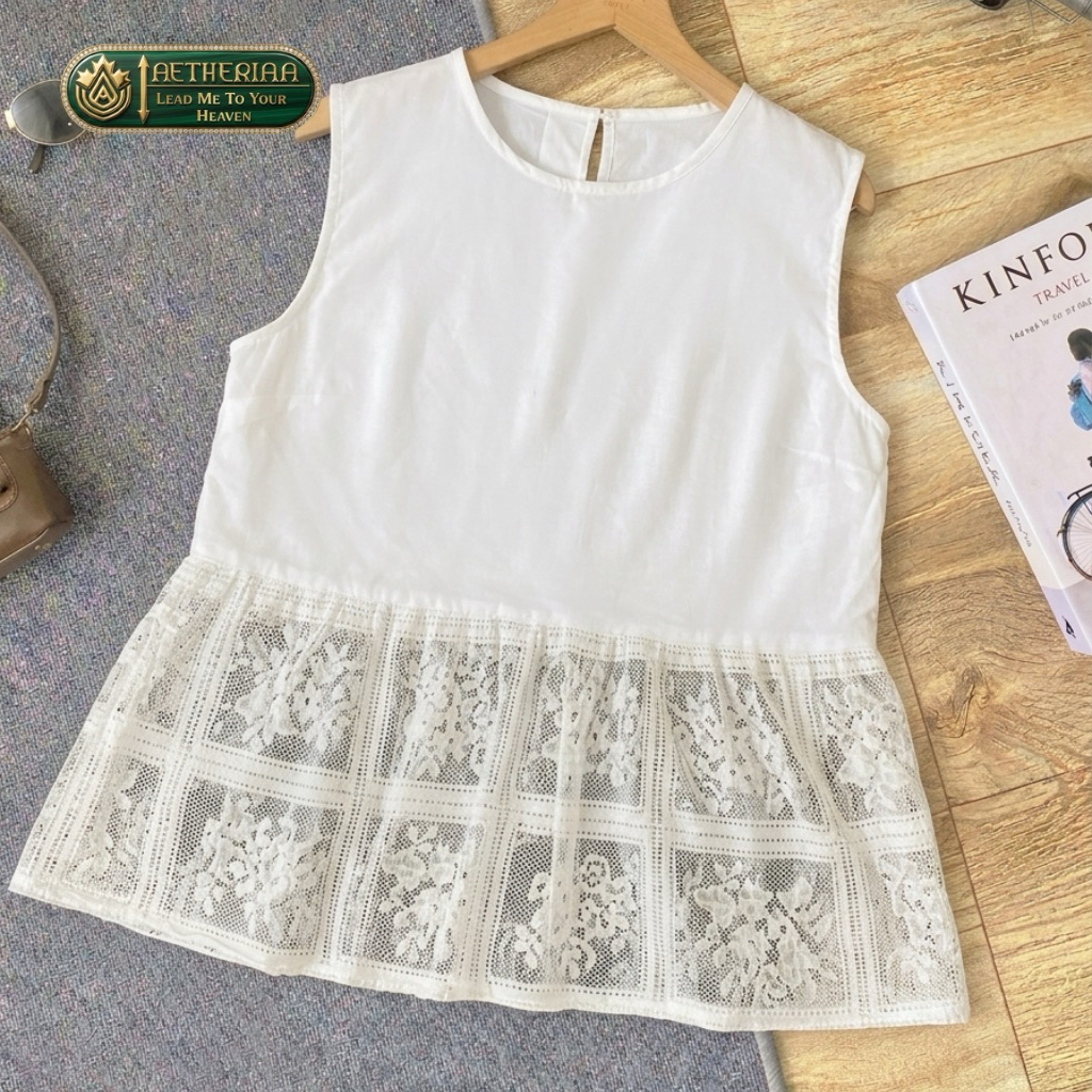 Atasan Tanpa Lengan Wanita Katun Renda / Blouse Sleeveless Peplum Lace Kombinasi Brokat Premium Eleg