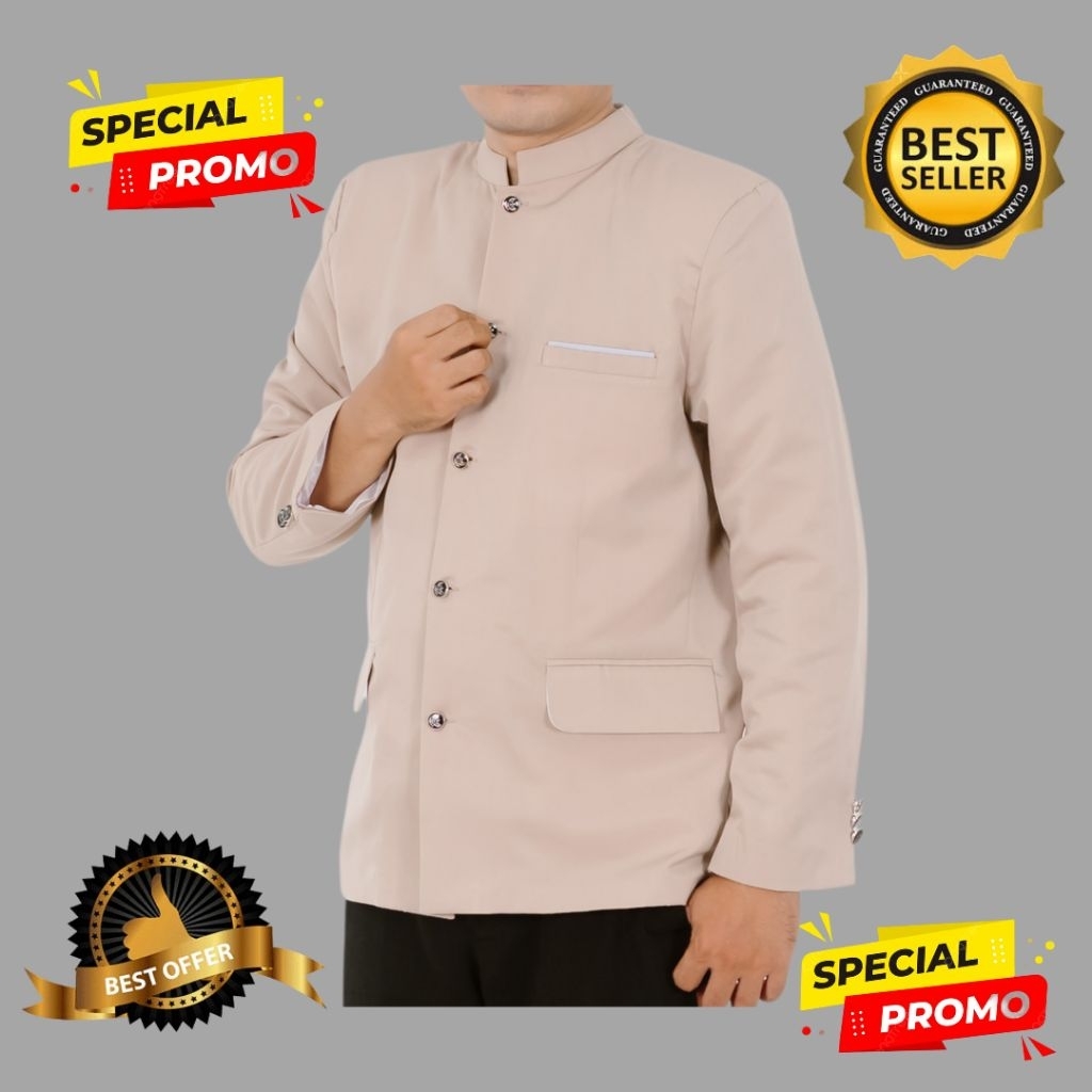 Jas Koko Jasko Mandarin Pria Warna Krem List saku putih