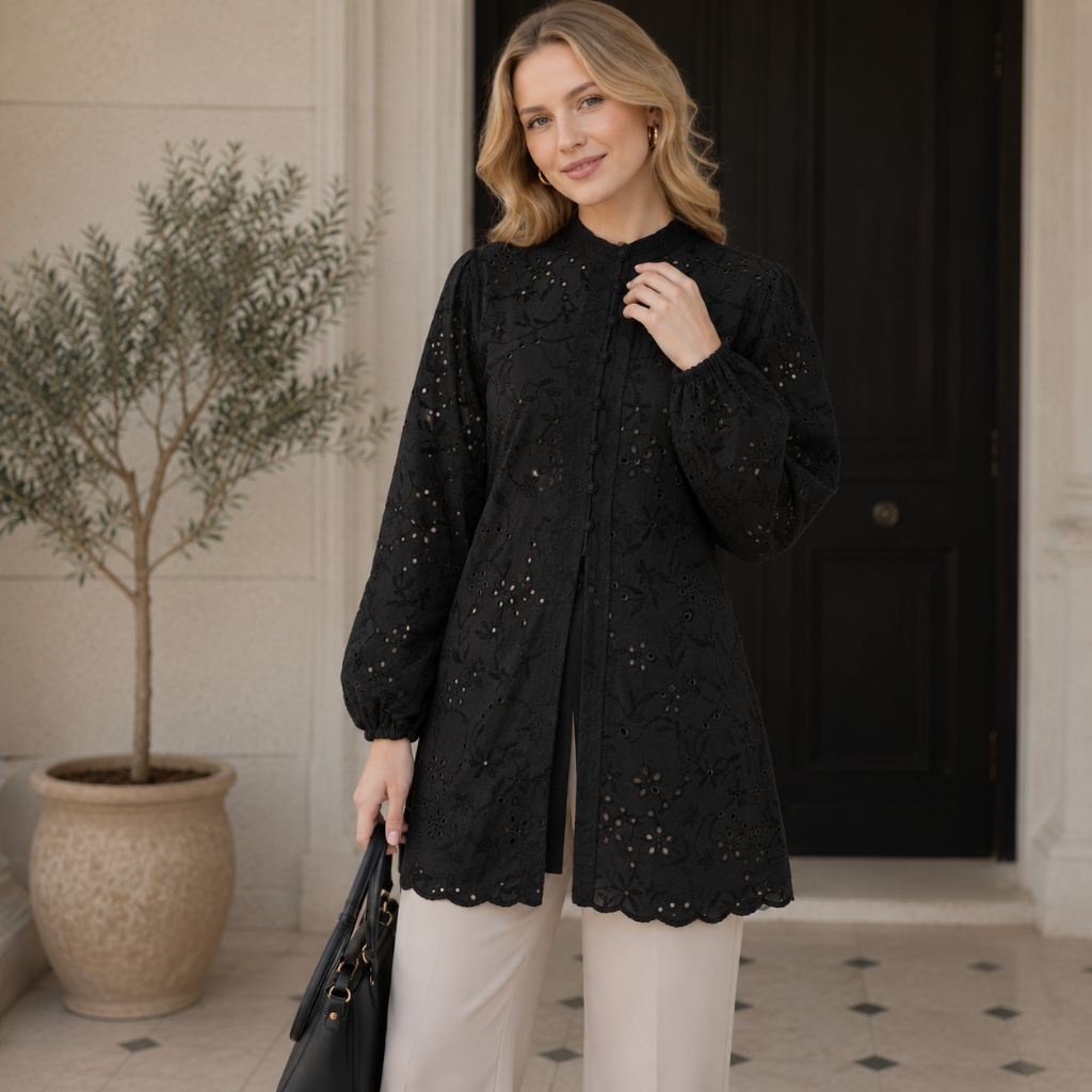 DATWE | Éloise Eyelet Tunic Bordir Premium | Tunik Wanita Elegan Lengan Panjang | Pearl Ivory & Midn