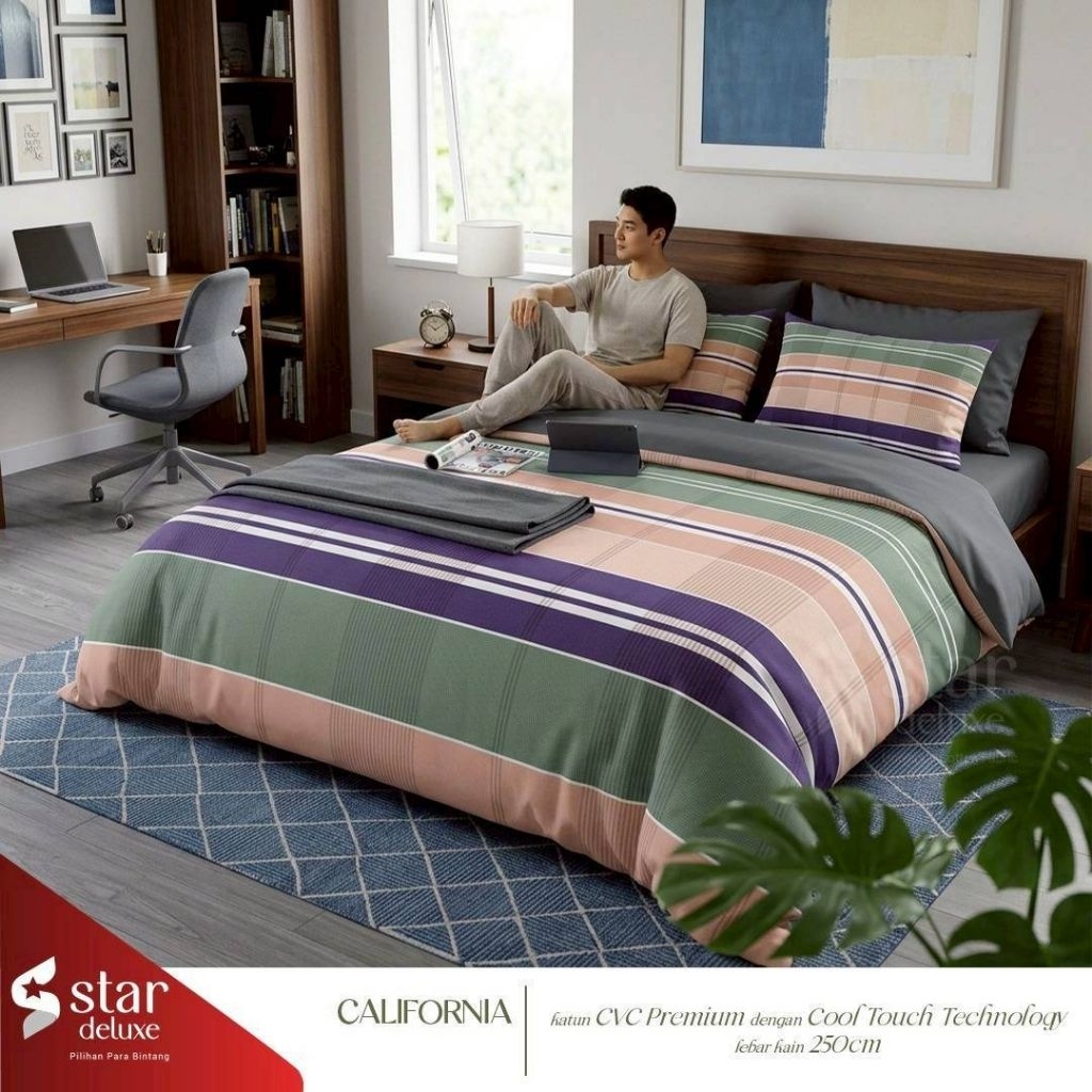 Bedcover + sprei anti geser katun star motif CALIFORNIA
