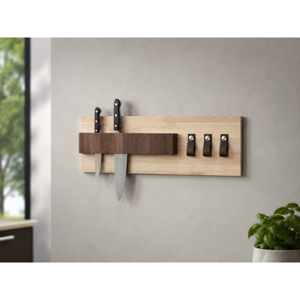 RAK PISAU MAGNET DINDING KAYU MINIMALIS + GANTUNGAN