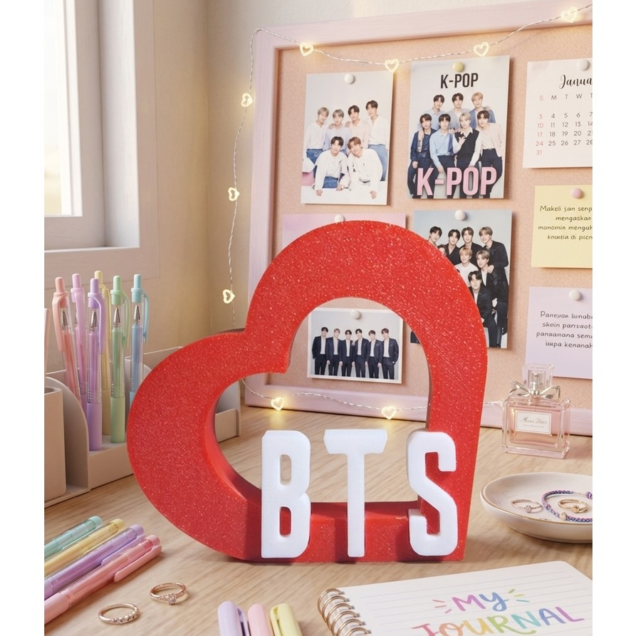 Stand Logo BTS Model Hati Pajangan Meja Belajar Estetik Dekorasi Kamar K-Pop