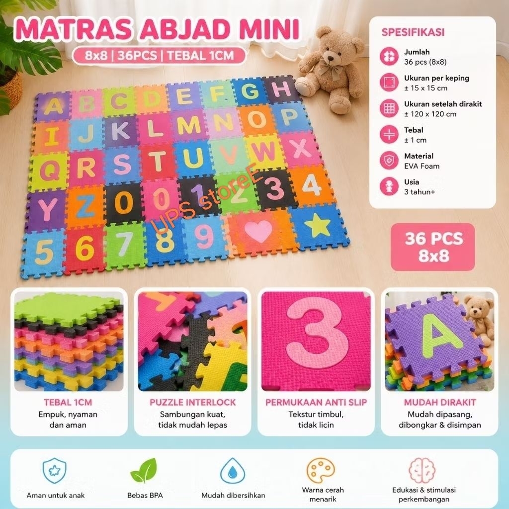 Matras puzzel abjad mini A-Z /huruf 0-9 8×8cm