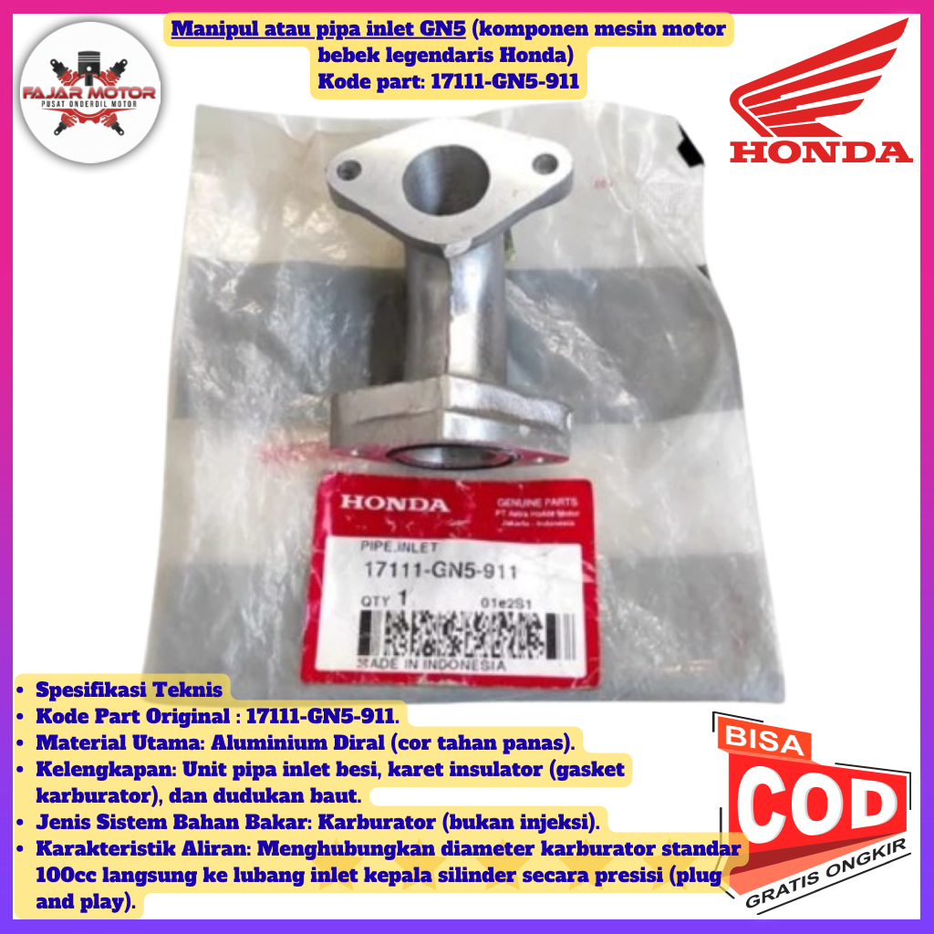 Manipul Pipa Inlet GN5 Honda Grand Motor Supra Manipol 17111-GN5-911
