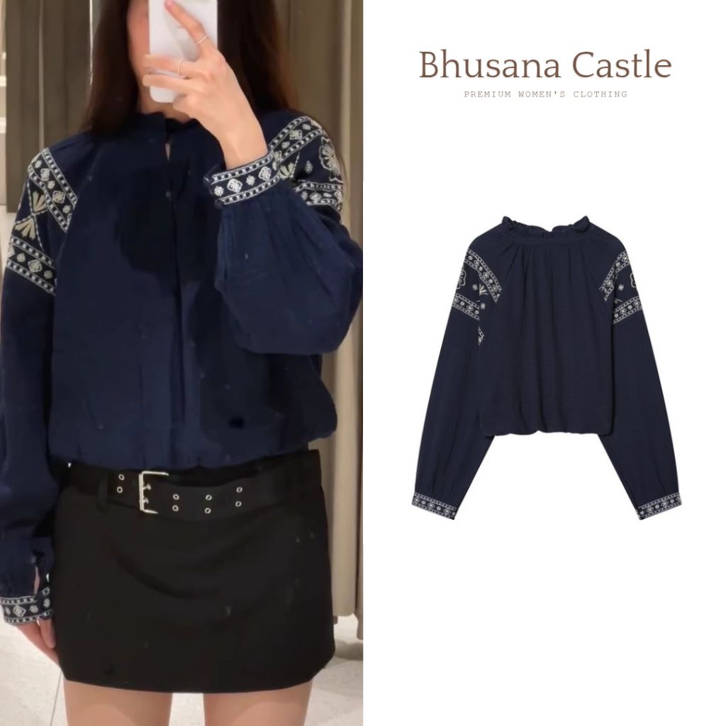 Bhusana Castle 80401 navy embroidery long sleeve blouse / blouse wanita