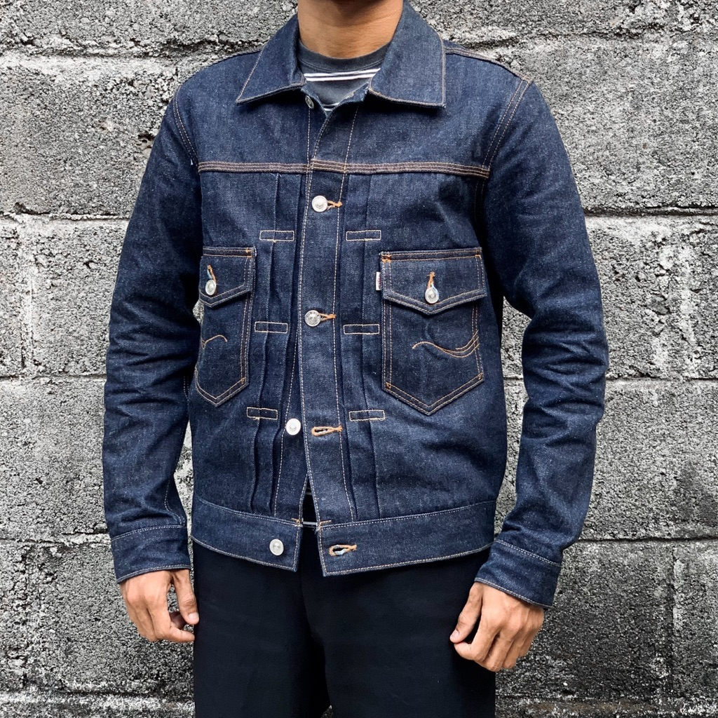 USED Trucker Denim Jacket Type lll Indigo Blue Gold Selvedge Line