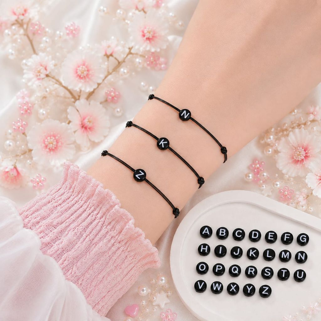 ( Beerrysaa ) GELANG HURUF BULAT PIPIH HITAM #TTU tarik ulur Gelang inisal nama | Gelang tali hitam 