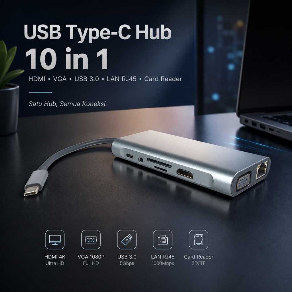 EASYIDEA USB Type C Hub 10 in 1 HDMI VGA USB 3.0 RJ45 Card Reader - VD76
