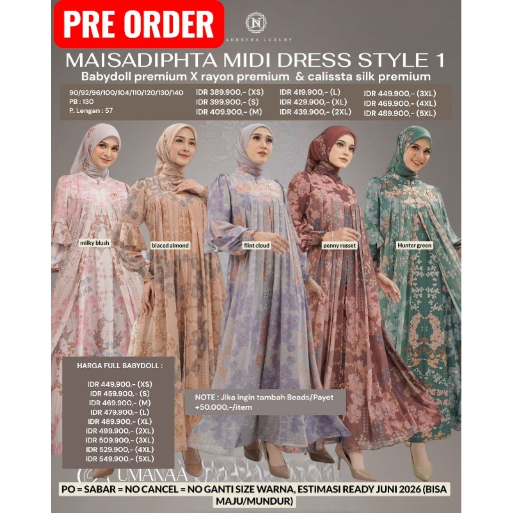 [ BISA COD / BAHAN CALISTA SILK / TANPA PAYET ] STYLE 1 DRESS  MAISADIPTHA NADHEERA LUXURY / MIDI GA