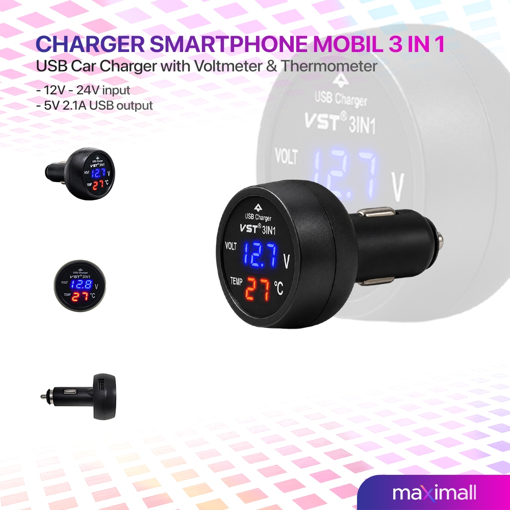 Charger HP Smartphone Mobil 3 in 1 dengan Voltmeter & Termometer