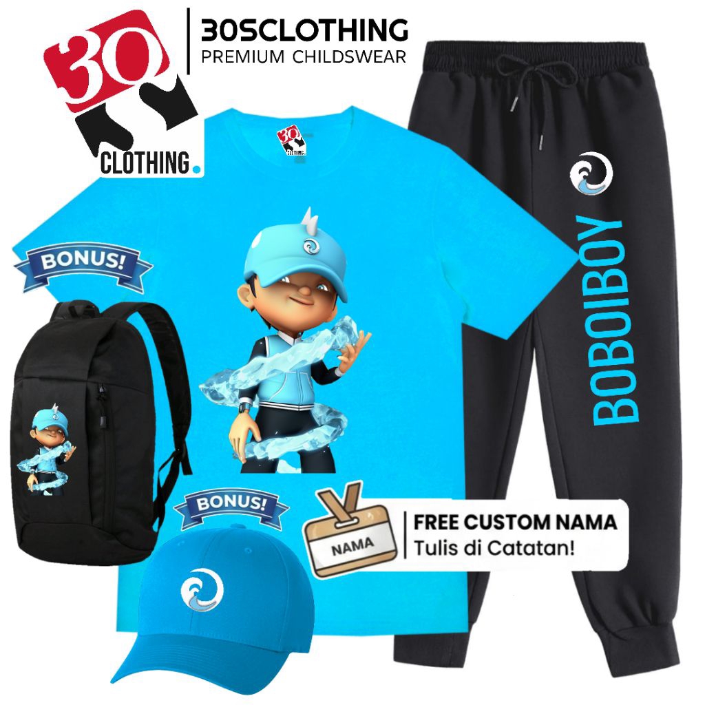 Setelan Boboiboy Air Anak Bonus Topi Tas Bisa Nama