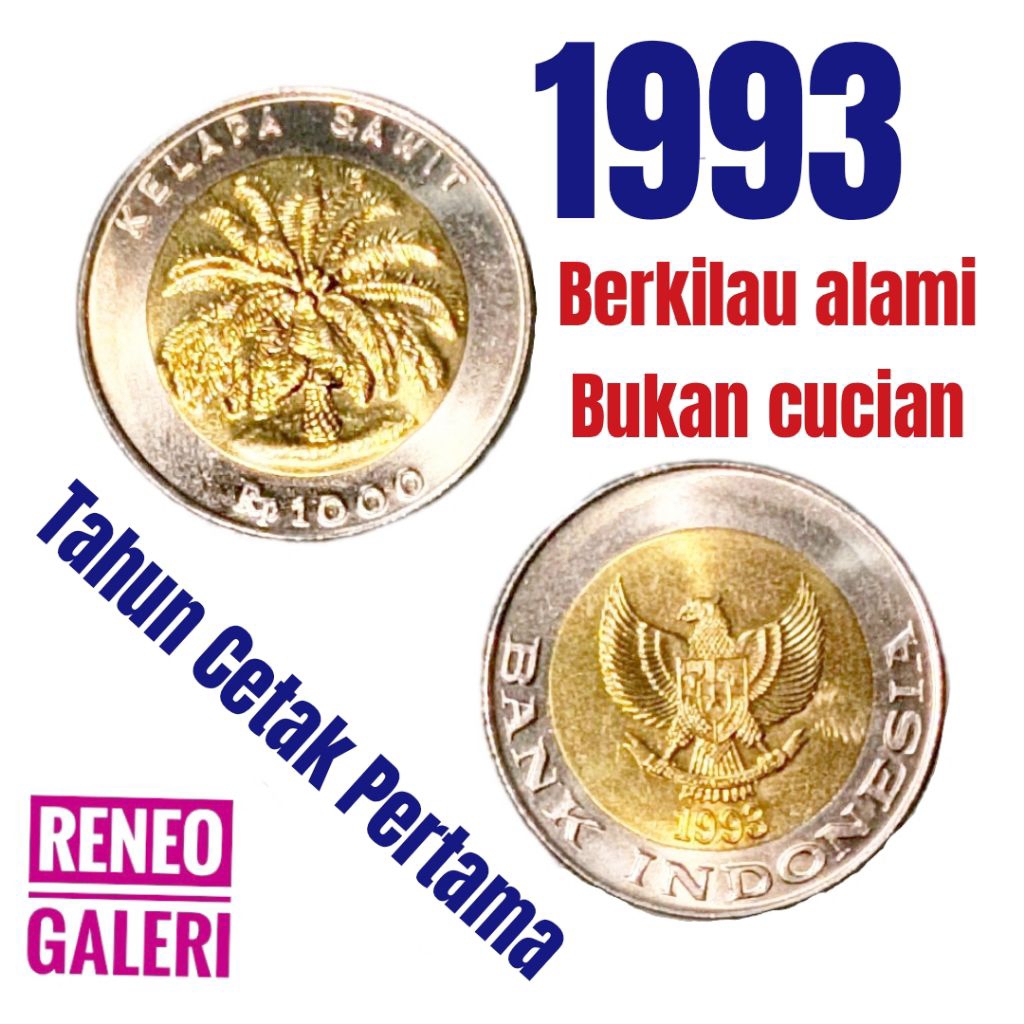 Tahun Cetak Pertama 1993 Koin 1000 Rupiah Kelapa sawit Luster berkilau bimetal tertua uang kuno duit