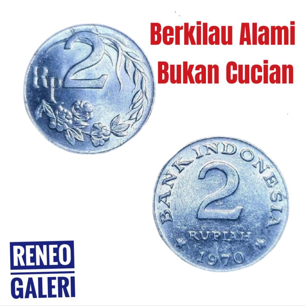 Berkilau asli Koin 2 Rupiah Tahun 1970 uang kuno duit lama original