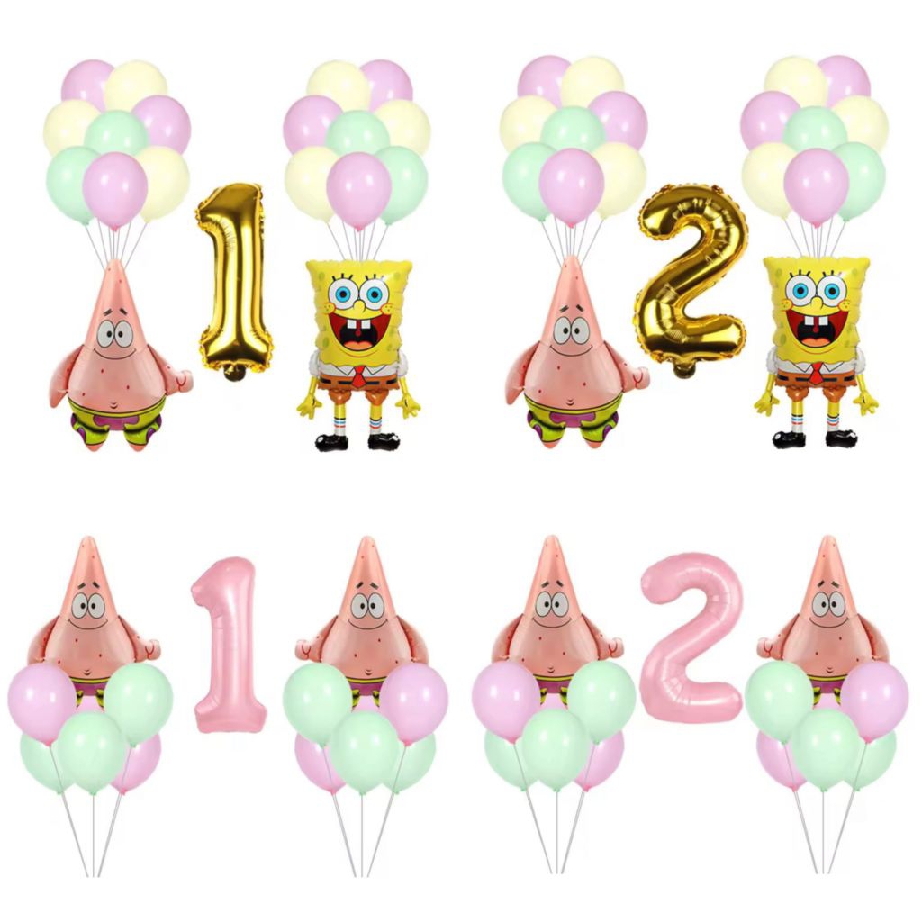 Paket balon foil angka gold jumbo karakter spongebob squarepants patrick dekorasi balon spongebob se