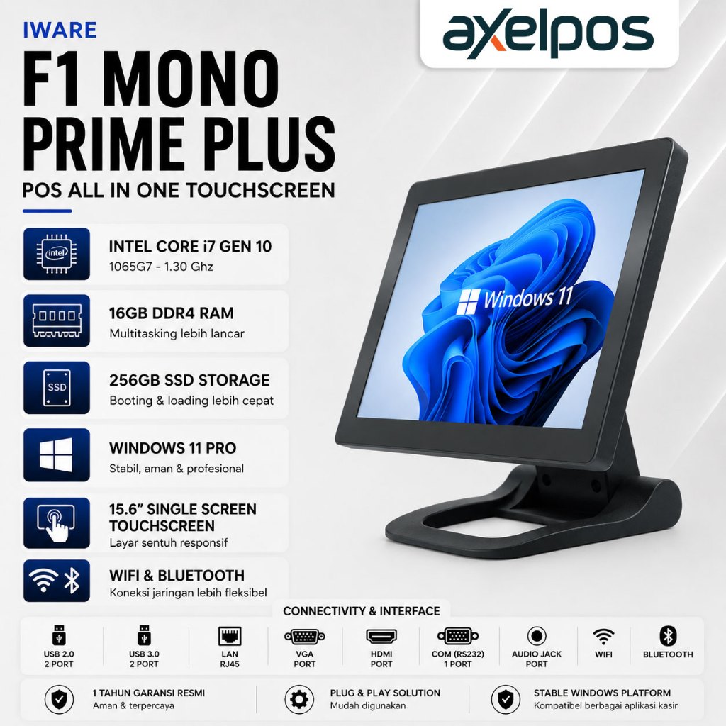 Axelpos  Iware F1 Mono Prime Plus Pos All In One Mesin Kasir 16.6 Touchscreen Single Display Intel C