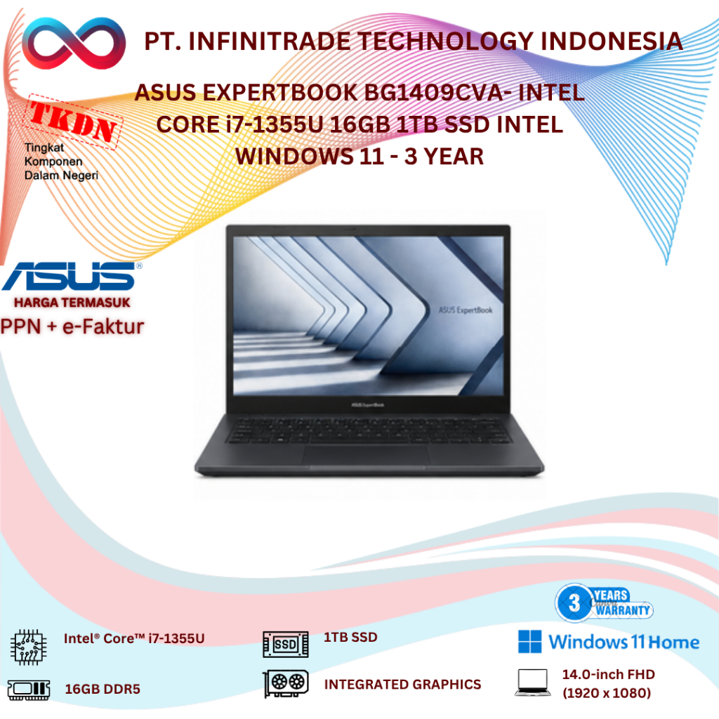 ASUS EXPERTBOOK BG1409CVA- INTEL CORE i7-1355U 16GB 1TB SSD INTEL WINDOWS 11 - 3 YEAR