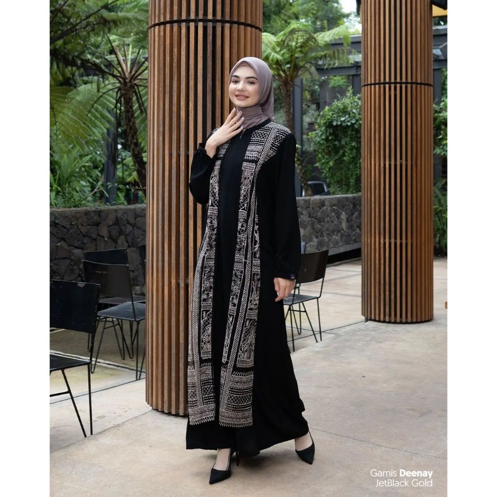 GAMIS DEENAY BLACK GOLD BY MUTIF LAYER BRUKAT/ GAMIS ELEGAN/ FASHION MUSLIM/ GAMIS MODERN
