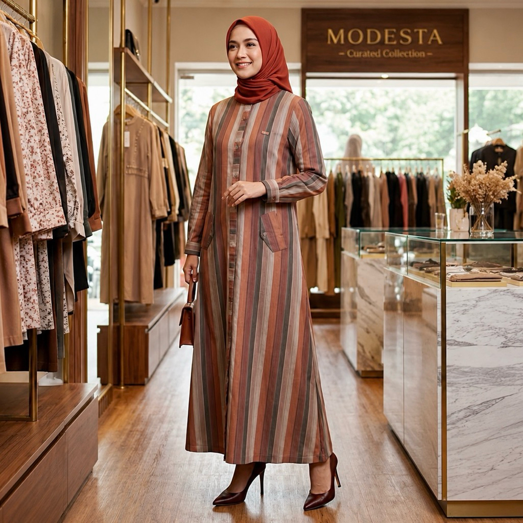 Gamis katun triset Dres bermotif salur kotak
