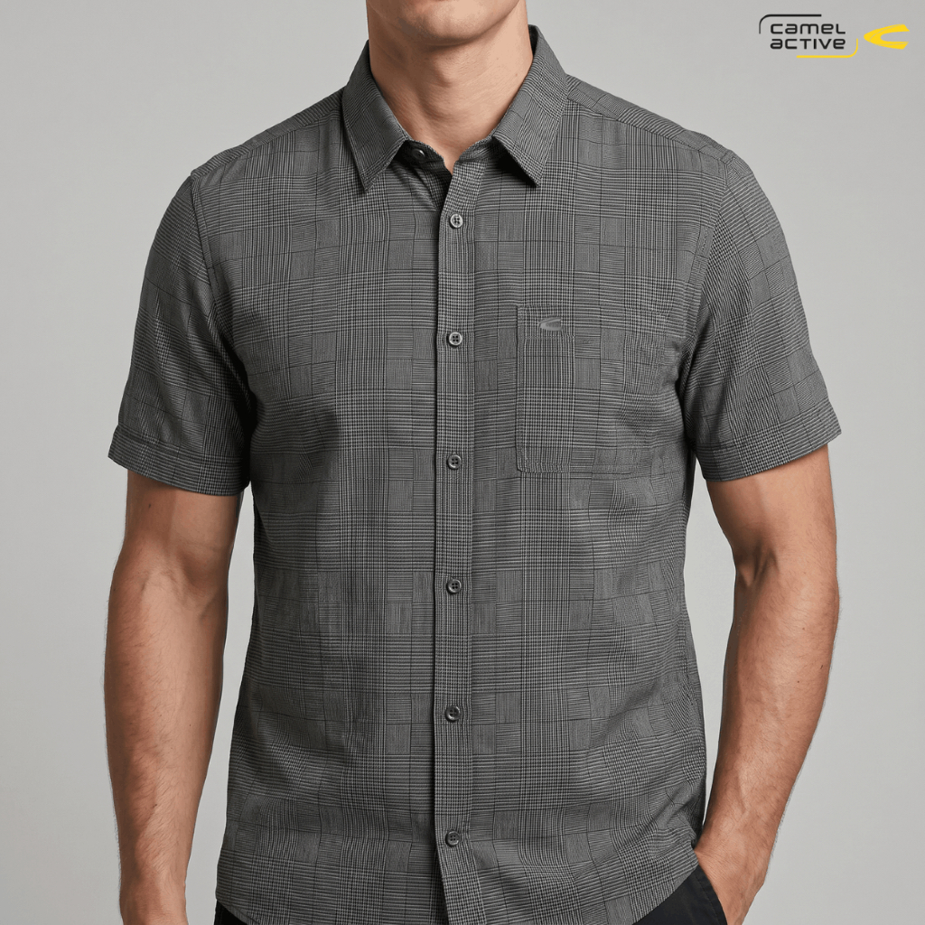 camel active Men's Dark Grey Plaid Motif Short Sleeve Shirt Kemeja