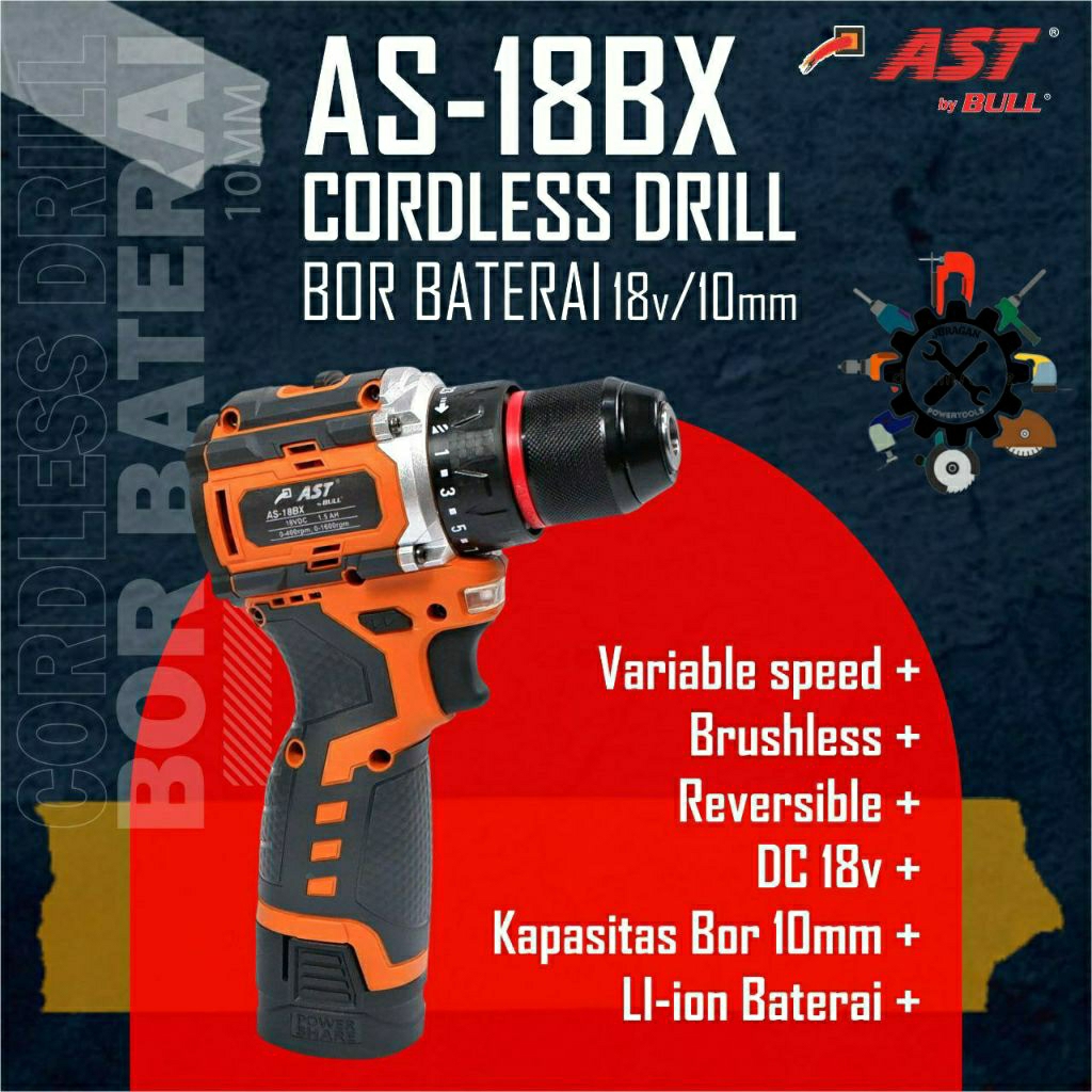 AS18BX MESIN BOR BATERAI 18V CORDLESS DRILL BRUSHLESS 10MM AST AS-18BX AS 18 BX