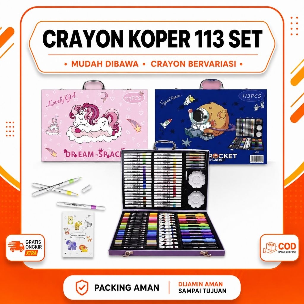 Crayon set Anak Alat Mewarnai  Crayon Set 113 Pcs Crayon Anak Koper / BLENDA COLOURING CRAYON 113 PC