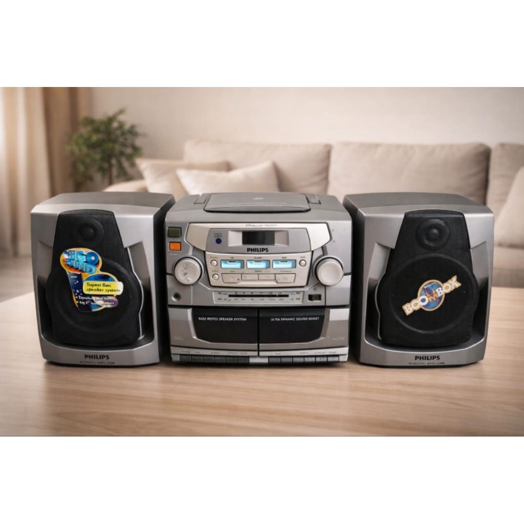 Philips Boombox AZ2755/11 Portable CD Mini System Vintage + Speaker Original + Dus , Barang Antik - 