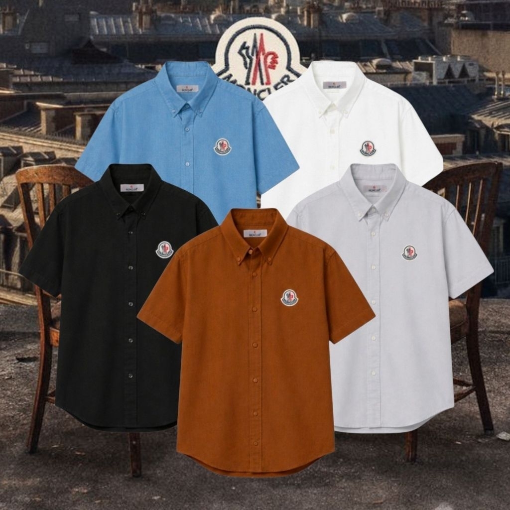 MONCLER Kemeja Pria Kasual Lengan Pendek Logo Bordir Bahan Katun
