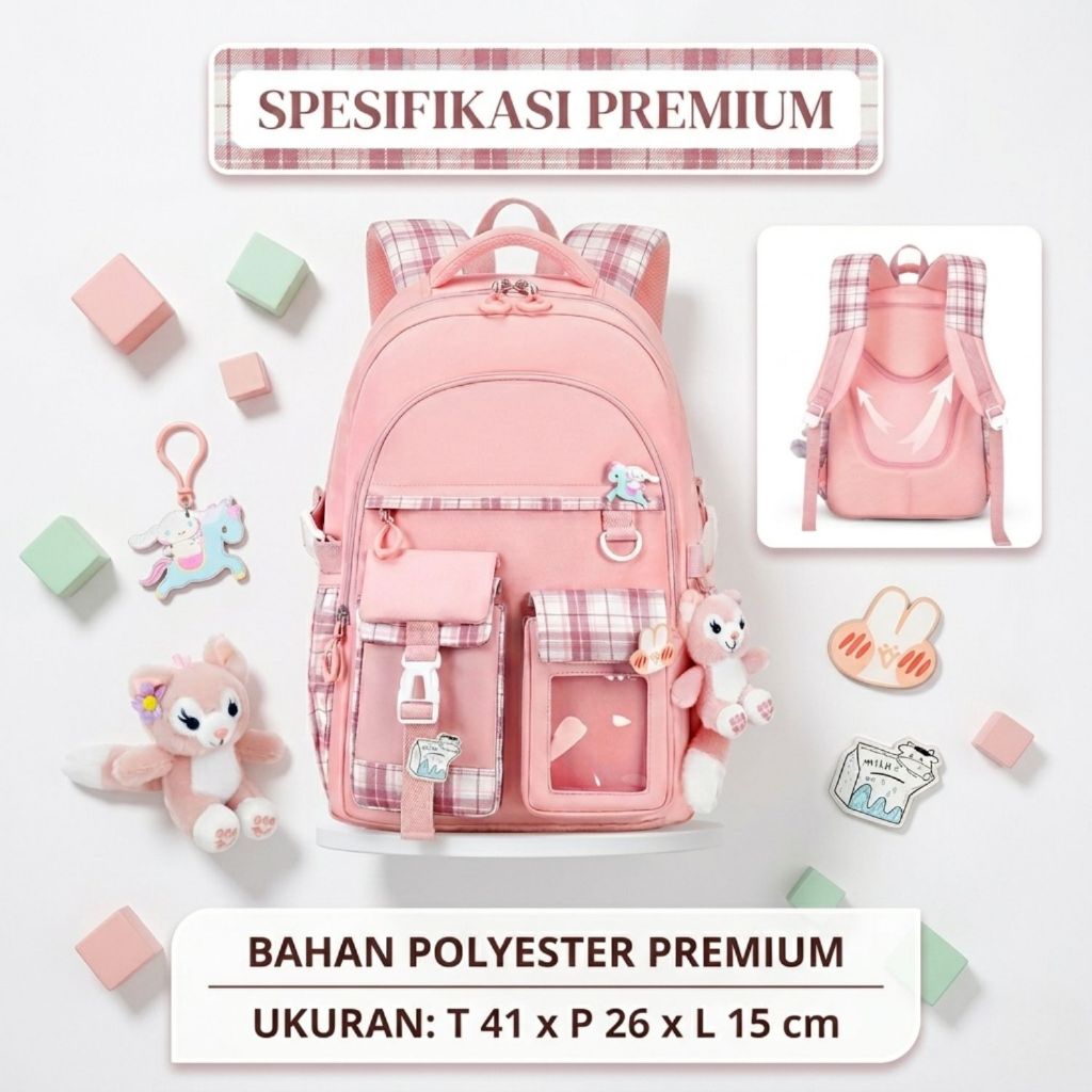 Tas Ransel Sekolah Anak Perempuan/ Tas Impor Fashion Korea/ Tas Anti Air dan Ringan MK506