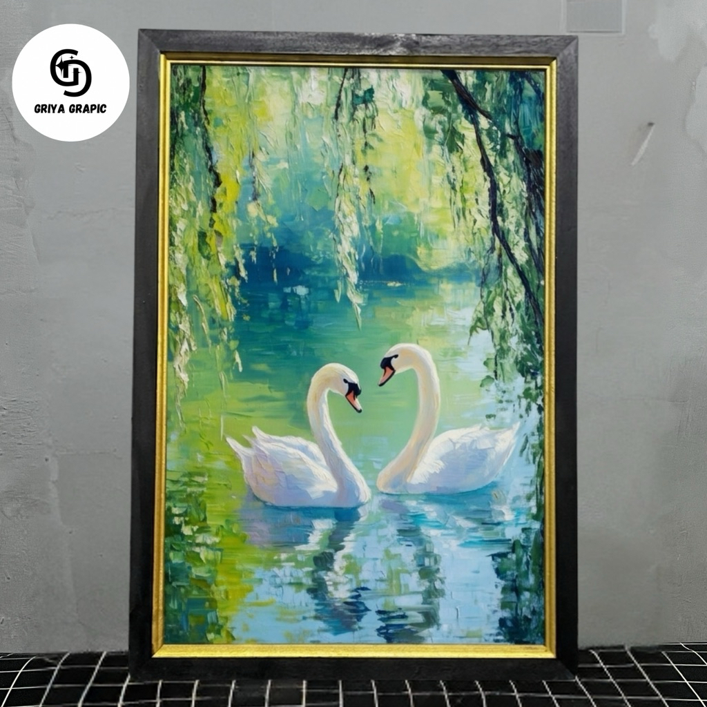 Hiasan dinding lukisan cetak gambar sepasang soang cinta ukuran 45x65cm plus bingkai elegan dekorasi