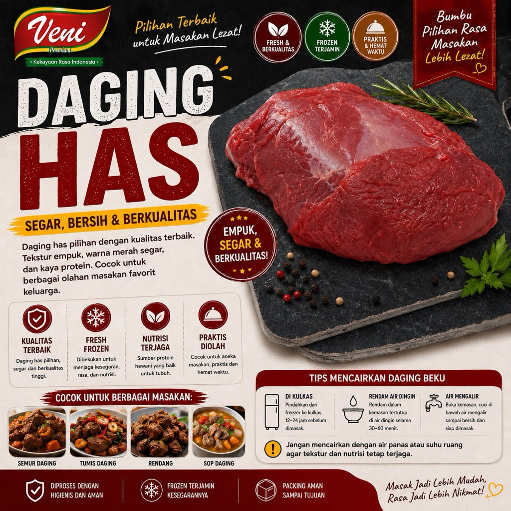 Daging Has Sapi Premium Fresh Frozen 1Kg | Daging Sapi Segar Empuk Cocok Steak, BBQ & Masakan Rumaha