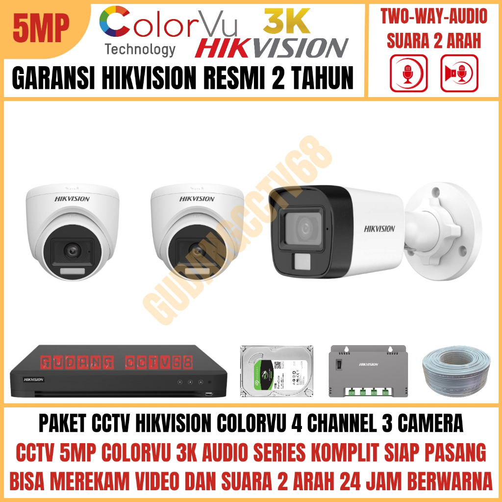 Paket CCTV HIKVISION COLORVU 4 Channel 3 Camera 5MP 3K Full Colour AUDIO TWO WAY Komunikasi 2 ARAH