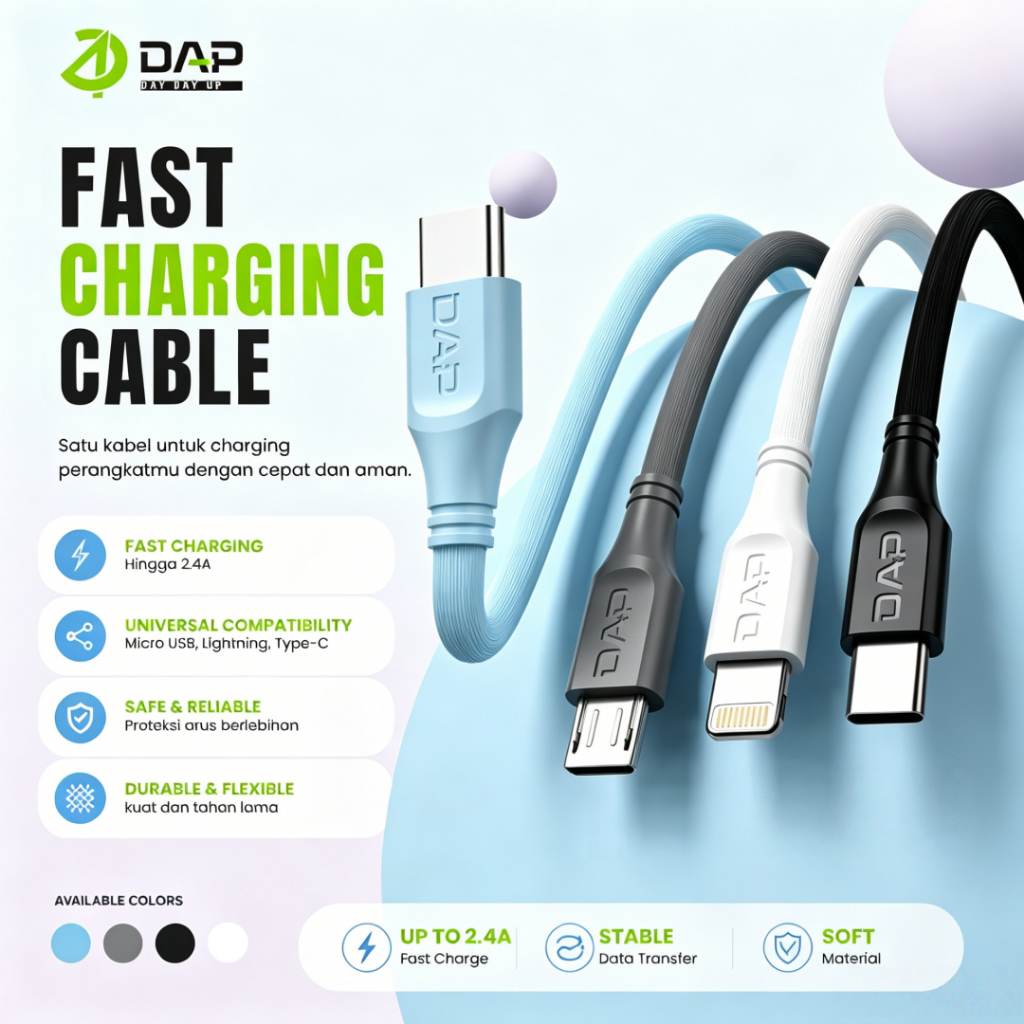 DAP DA Series Kabel Data Micro, Type C & Lightning 2.4A Fast Charging 100cm Garansi Resmi 1 Tahun