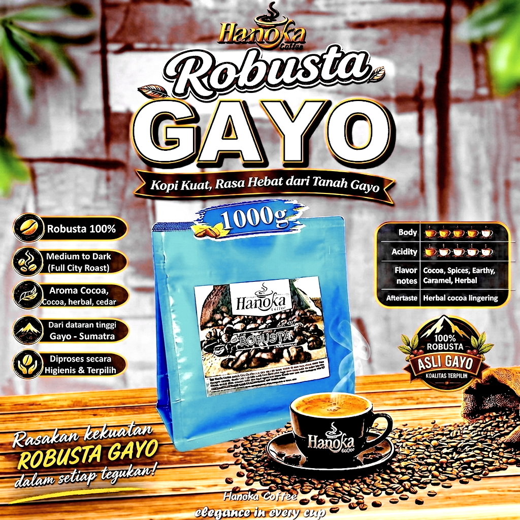 Hanoka Biji Kopi Robusta Aceh Gayo 1kg (1000g) - Single Origin Specialty Coffee