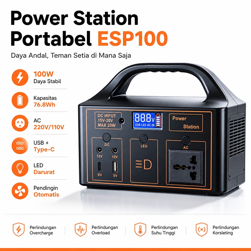 Power Station Portabel 100W 76.8Wh Genset Mini Portable AC 220V USB Type-C Camping Darurat
