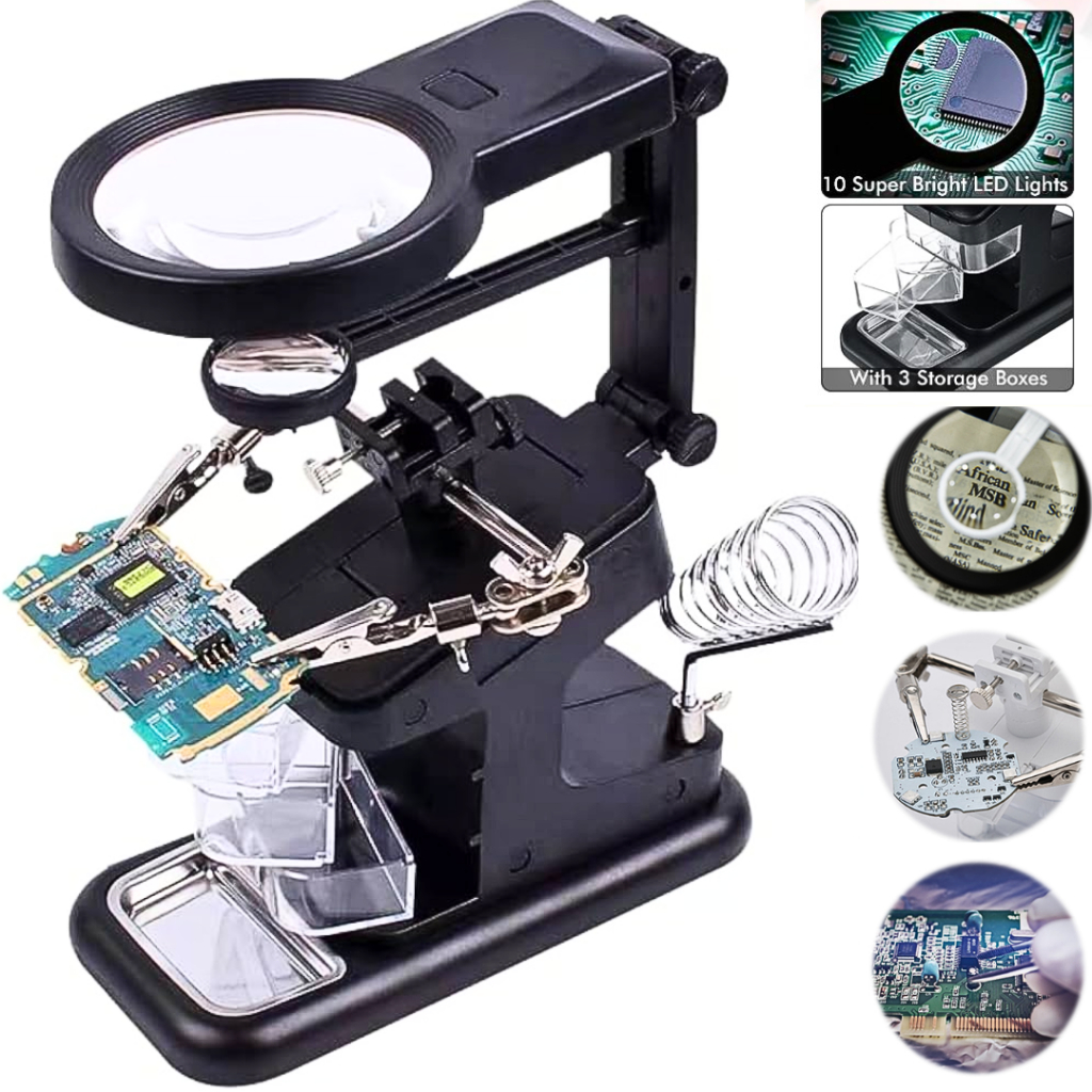 Penjepit PCB + Dudukan Solder + Kaca Pembesar Lampu Service LED TE 803