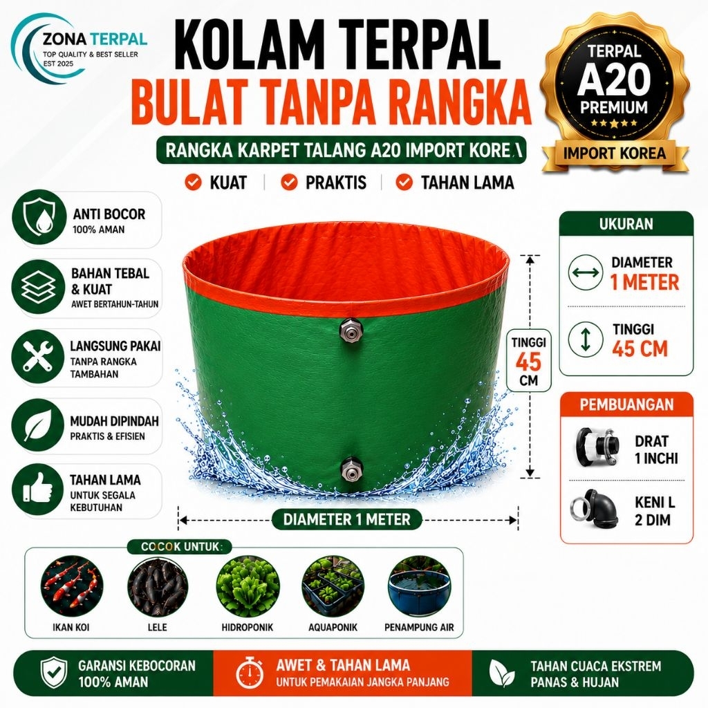 Kolam Terpal Bulat Tanpa Rangka A20 Premium Import Korea Diameter 1m Tinggi 45cm Kolam Lele Nila Gur