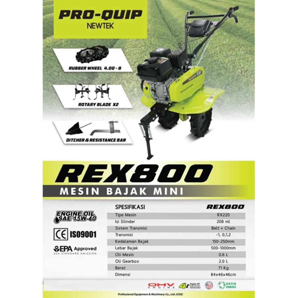 Proquip Mesin Traktor Mini Cultivator REX900/REX800 8HP Bajak  Tanah Kering Pembajak Tanah Ladang Ke