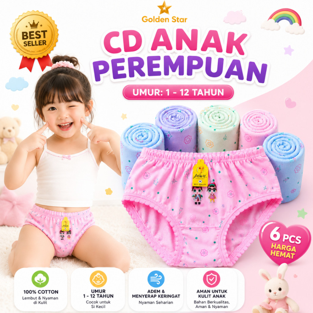6 PCS Celana Dalam Anak usia 1-10 Tahun - Celana Dalam Anak Perempuan Lucu DIM DIM / CD Anak Motif -