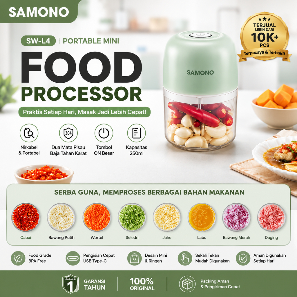 SAMONO Chopper Elektrik Mini Blender Bumbu Portable Chopper Bawang Kapasitas 250Ml Food Grade Anti B